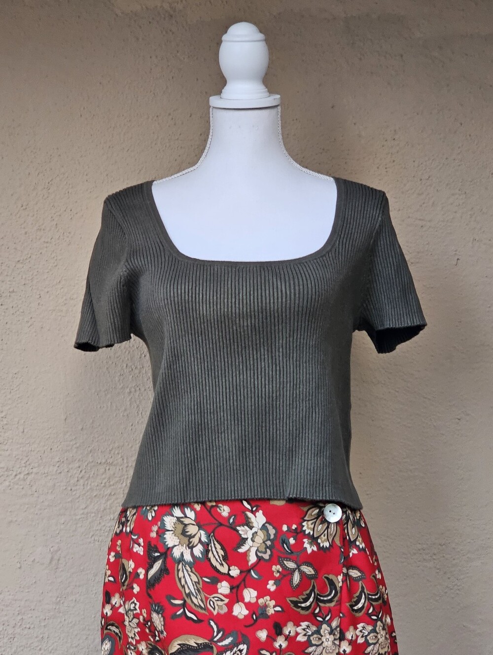 Madewell Green Knit Ribbed Short Sleeve Square Neckline Top Sz XL